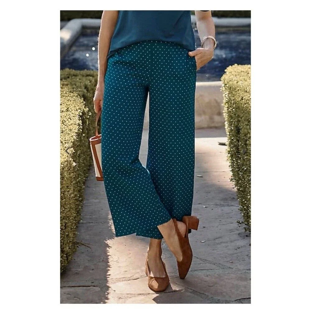 J. Jill Wearever Easy-Care Woven Wide-Leg Crops Sz Large Petite Mini Polka Dots